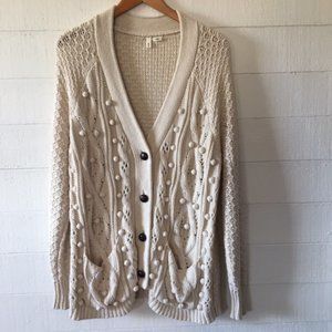 Anthropologie Moth Beige Pom Pom Cotton Cardigan